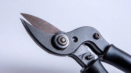 Close up of professional pruning shears highlighting blades and grip for gardeners