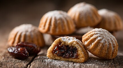 Lebanese maamoul cookies with date filling, rustic wooden background