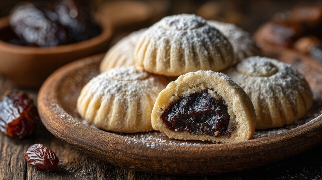 Lebanese maamoul cookies with date filling, rustic wooden background