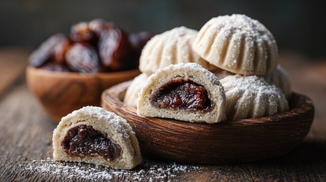 Lebanese maamoul cookies with date filling, rustic wooden background