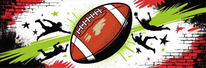 Obraz premium Dynamic American Football Illustration – Grunge Sports Art with Players, Graffiti Elements and Splatter Effects for Posters and Banners