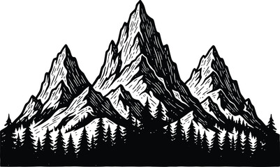 Dramatic mountain peaks silhouette with pine forest below