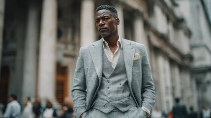 Man Urban Lifestyle Confident businessman navigating busy city streets sharp suit smartphone in hand bustling urban environment modern architecture