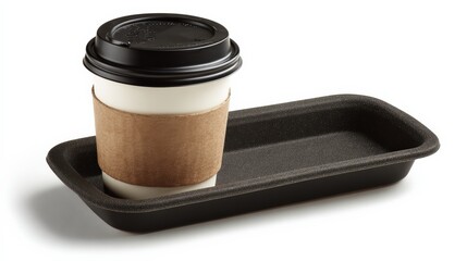 Takeaway coffee cup with lid on tray isolated on white background