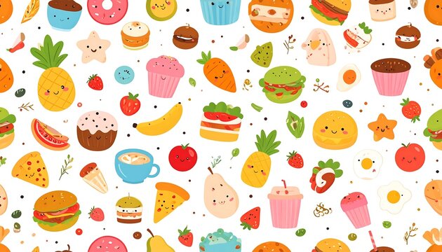 Cute food pattern with cartoonish elements