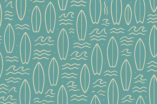 Surfboards and waves pattern design in a vibrant beach-inspired color scheme