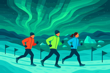 Running under the northern lights in a chilly landscape at night with friends enjoying a warm-up activity