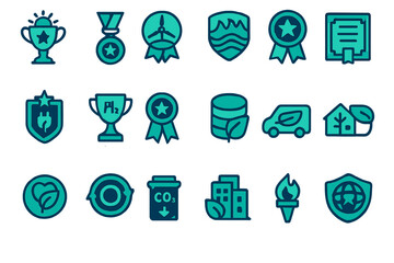 Colorful icons representing achievements and eco-friendly themes in a modern design on a clean background
