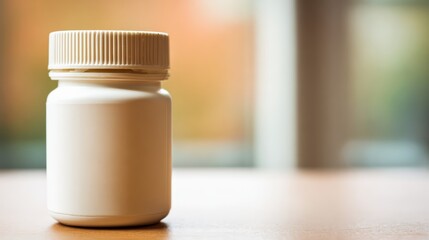 Simple white container on a wooden table with blurred background