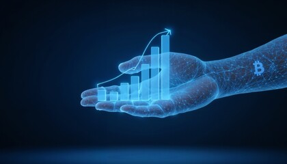 Holographic hand displaying digital growth chart with Bitcoin symbol  AI and Finance  