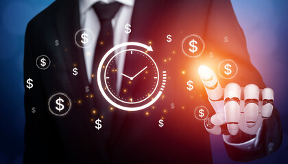 Fototapeta premium An AI assistant manages financial planning with the 'time is money' concept. This smart system optimizes investment timelines and business productivity to maximize wealth. Fermion