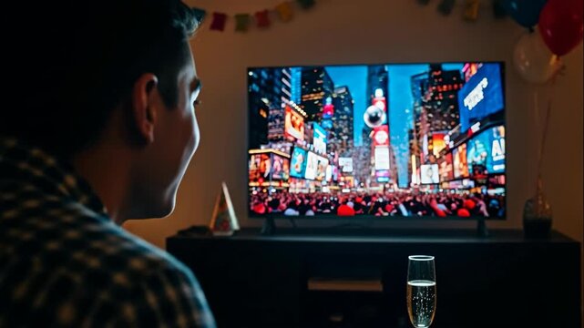 Man watches New Year's Eve ball drop on TV with champagne at a home celebrate party for a holiday evening event video