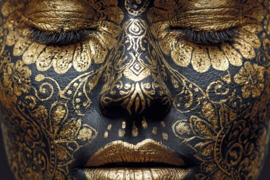 Close up of a face with black body paint and intricate gold metallic floral patterns while eyes are closed. - Powered by Adobe