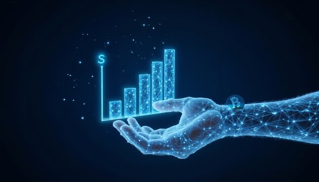 Digital hand holding growing financial graph with blue background. AI and Finance 