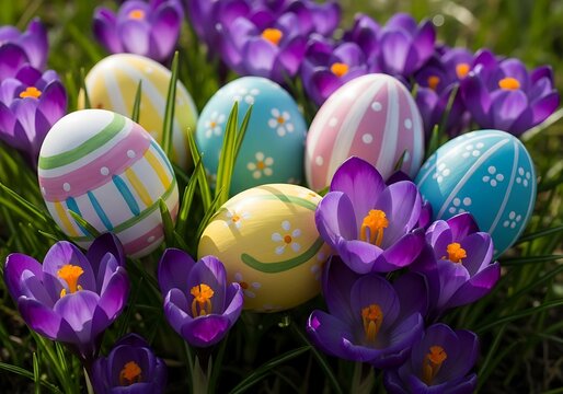 Easter eggs nestled among vibrant purple crocus flowers in spring.