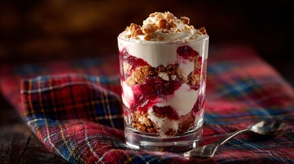 Scottish cranachan parfait in glass cup, rustic tartan cloth backdrop