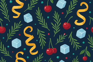 Colorful and festive pattern with cherries, herbs, and decorative elements perfect for holiday celebrations