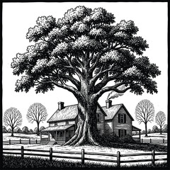 Rustic farmhouse and large oak tree in a rural landscape
