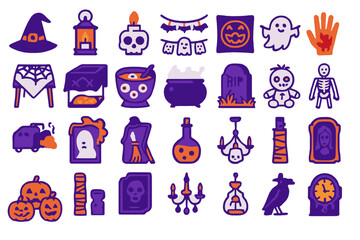 Fototapeta premium Various Halloween-themed illustrations featuring spooky symbols, decorations, and characters in vibrant colors for festive celebration