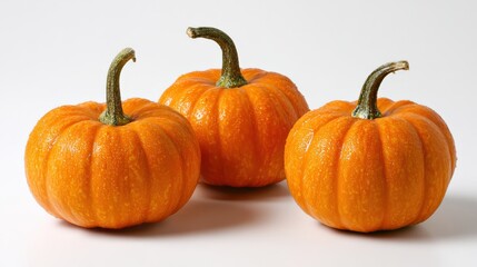 Three fresh orange pumpkins with green stems on light background