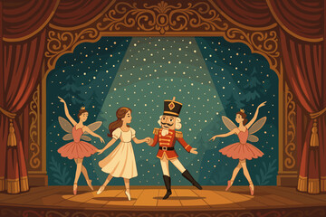 Beautiful performance of the Nutcracker on a grand stage with dancers in elegant costumes during a festive evening