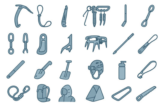 Essential climbing gear including carabiners, harnesses, and tools for outdoor adventures in nature