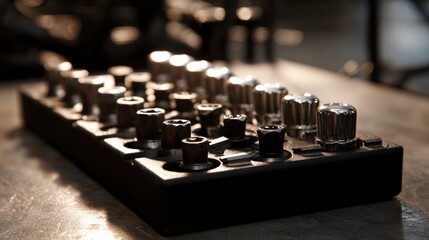 Close up of audio mixing equipment with knobs and controls on a work surface