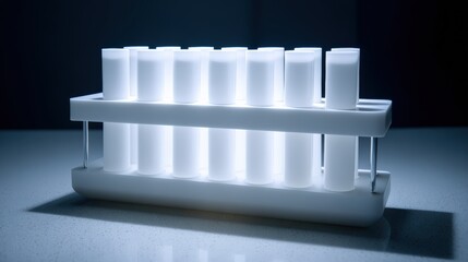 Illuminated test tube rack displaying lab equipment in abstract scientific setting