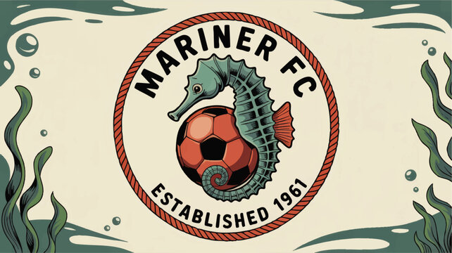 Vintage Seahorse Soccer Club Logo, Mariner FC Football Emblem with Underwater Ocean Theme and Retro Colors, Established 1961