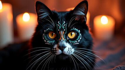 Black cat with sugar skull face paint glowing eyes dark mystical background candles artistic Mexican concept art