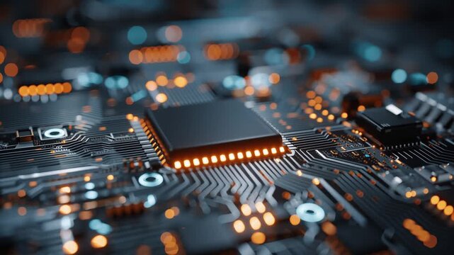 Exploring the intricate details of a computer circuit board with glowing components and connections