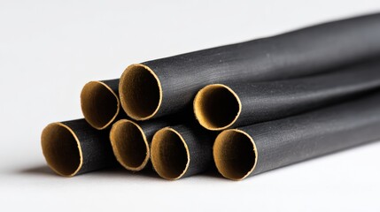 Close up of black tubes with gold edges on white background for industrial or design applications