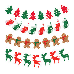 Christmas Garland Vector Set with Trees Socks Gingerbread Men and Reindeer Holiday Decoration