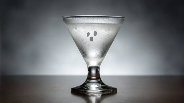 Frosted martini glass with a ghost face etching, standing on a reflective surface under moody studio lighting