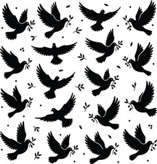 A flock of silhouetted birds in flight against a textured background