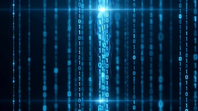 Digital binary code stream flowing in abstract futuristic blue light