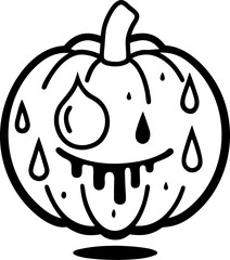 Pumpkin melting in rain, vector line art icon, black and white, white background