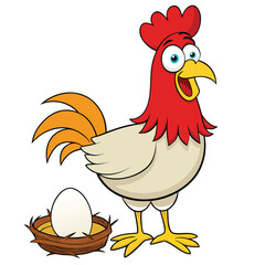 Vector art of cartoon rooster standing next to a nest with an egg
