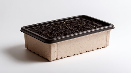 Seed tray with soil ready for planting in indoor garden setup