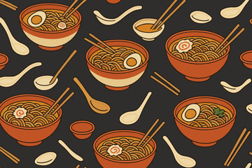 Colorful bowls of ramen with chopsticks and spoons against a dark background create an appealing food pattern design