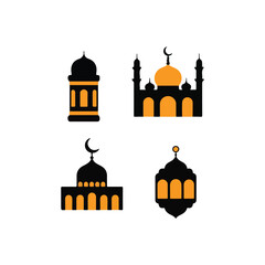 Islamic architecture and crescent moon designs in a simple graphic style