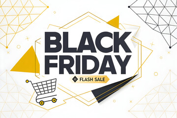 Luxury Black Friday Flash Sale Label with Golden Geometric Frame and Shopping Cart Icon
