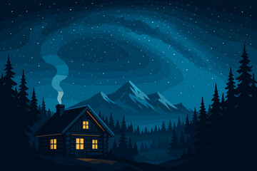 Fototapeta premium Cozy wooden cabin in the mountains under a starry night sky
