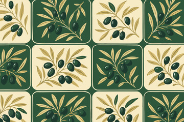Beautiful olive pattern design featuring green leaves and dark olives on a cream background creating a classic and elegant look