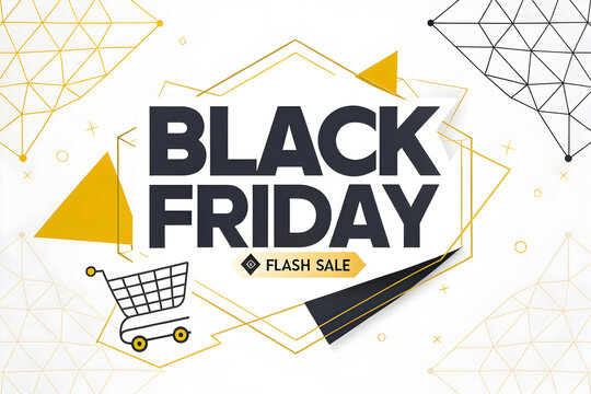 Luxury Black Friday Flash Sale Label with Golden Geometric Frame and Shopping Cart Icon