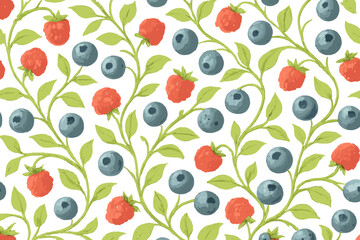 Bright red raspberries and blue blueberries arranged in a beautiful, vibrant pattern on a white background