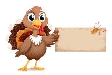 Cute cartoon turkey holding a blank sign vector illustration for Thanksgiving and holiday designs isolated on white background