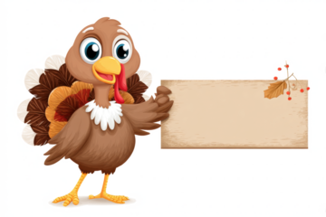 Cute cartoon turkey holding a blank sign vector illustration for Thanksgiving and holiday designs isolated on white background
