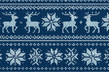 Winter knitting pattern featuring reindeer and snowflakes in cool blue and white tones perfect for festive decor