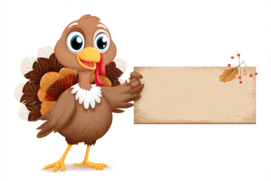 Cute cartoon turkey holding a blank sign vector illustration for Thanksgiving and holiday designs isolated on white background